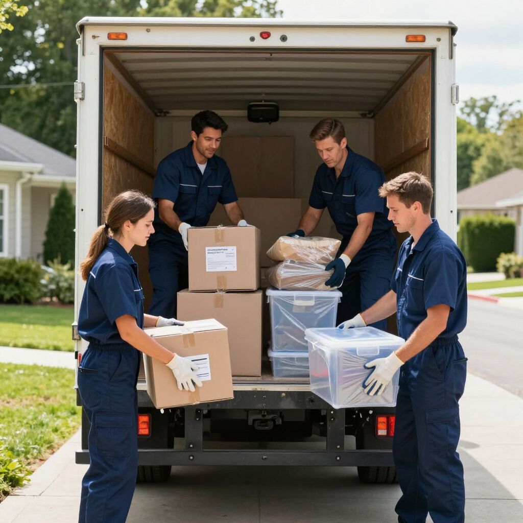 Mudanzas cargando cajas y contenedores en un camión.