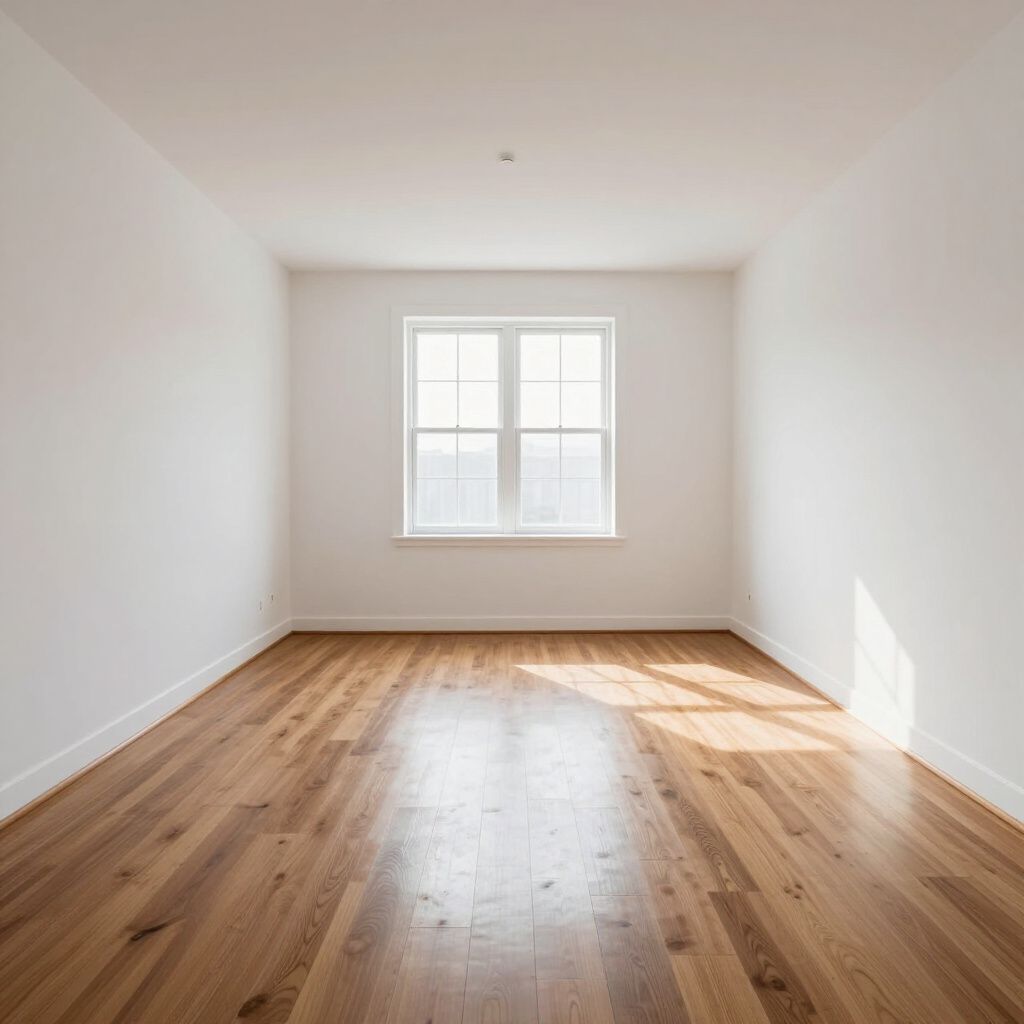 Habitación vacía con suelo de madera, paredes blancas y una ventana. La luz del sol ilumina el suelo.