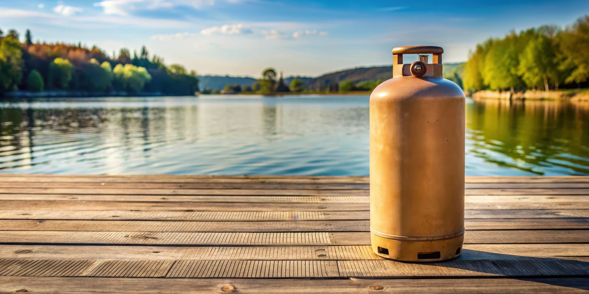 Réservoir de propane sur un quai en bois surplombant un lac et des arbres sous un ciel bleu.