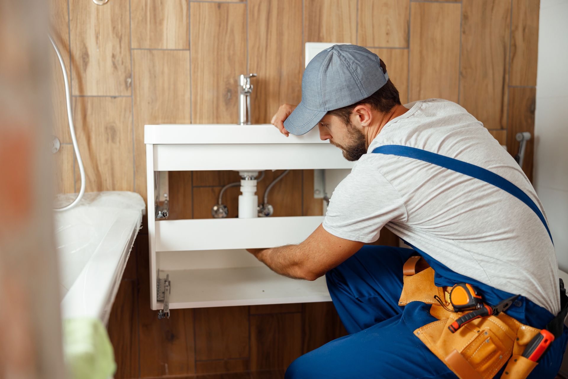 Un plombier installe un meuble de lavabo blanc dans une salle de bains, à genoux dans une salle de bains, portant une salopette bleue, une ceinture à outils et une casquette.