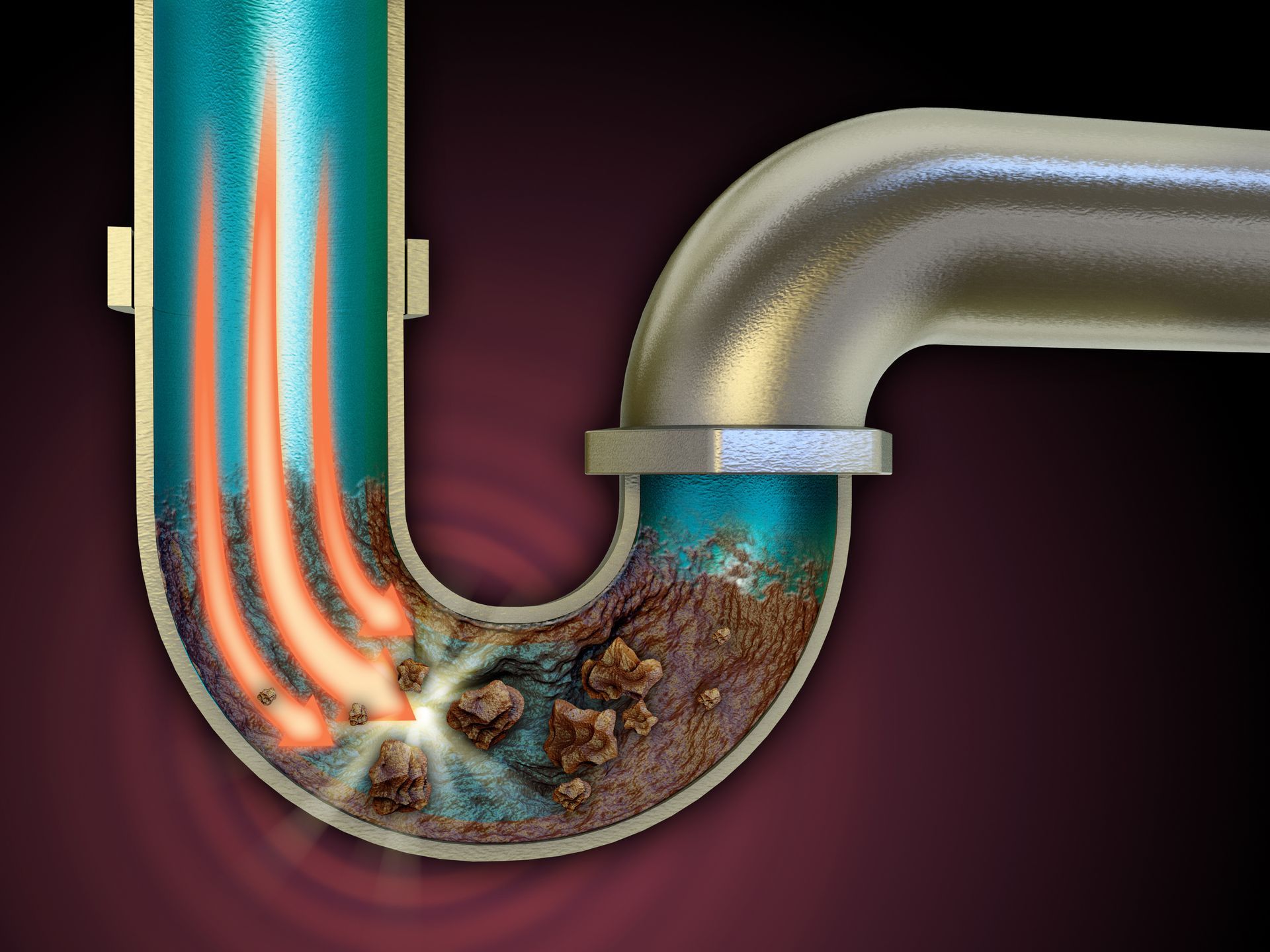 Vue en coupe d'un tuyau d'évacuation obstrué, montrant la corrosion et le blocage avec l'écoulement de l'eau.