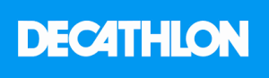 Un logotipo de Decathlon azul y blanco sobre un fondo blanco.