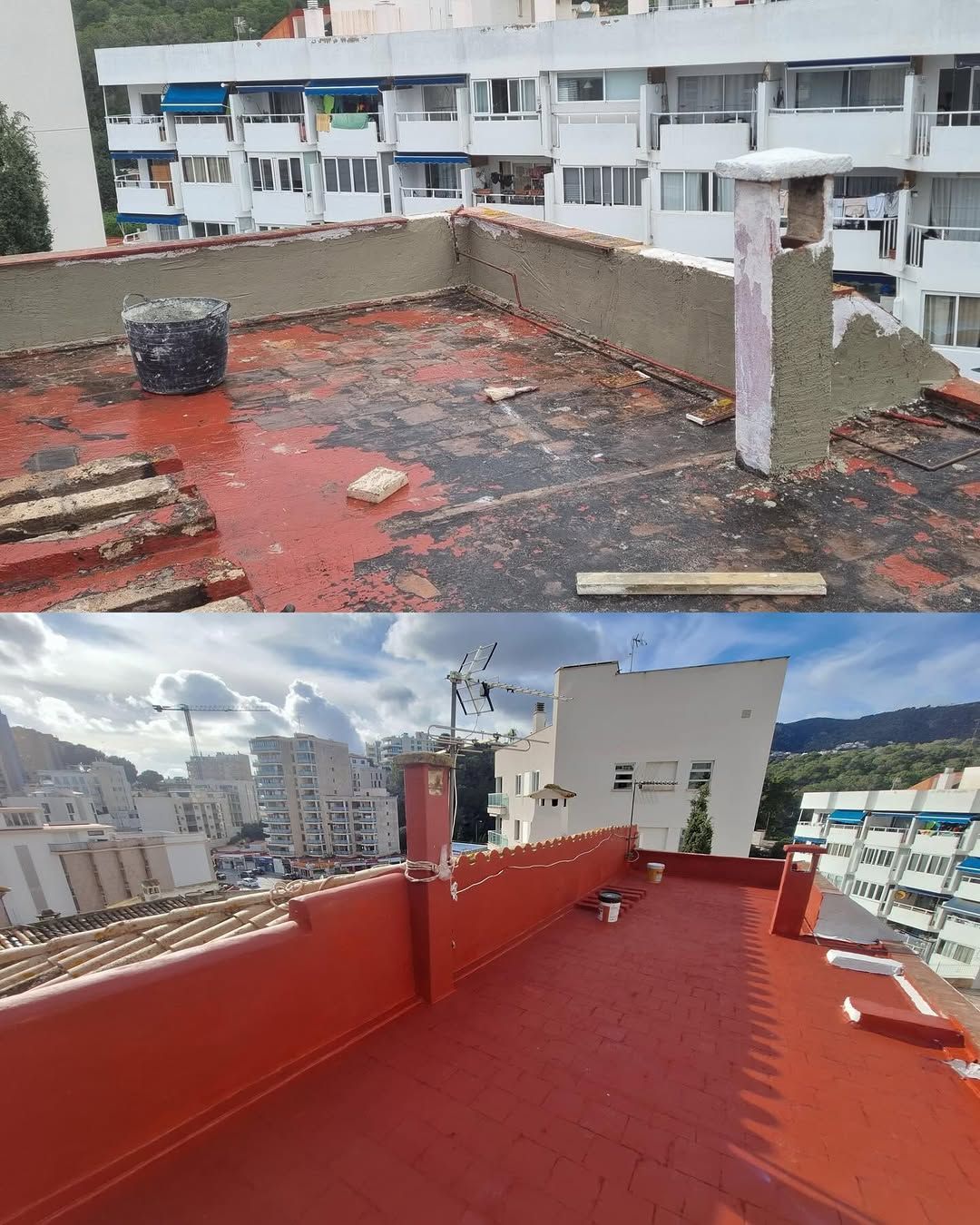 Antes y después de la azotea: un techo rojo desgastado que se está repintando de rojo brillante