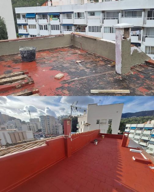Antes y después de la azotea: un techo rojo desgastado que se está repintando de rojo brillante