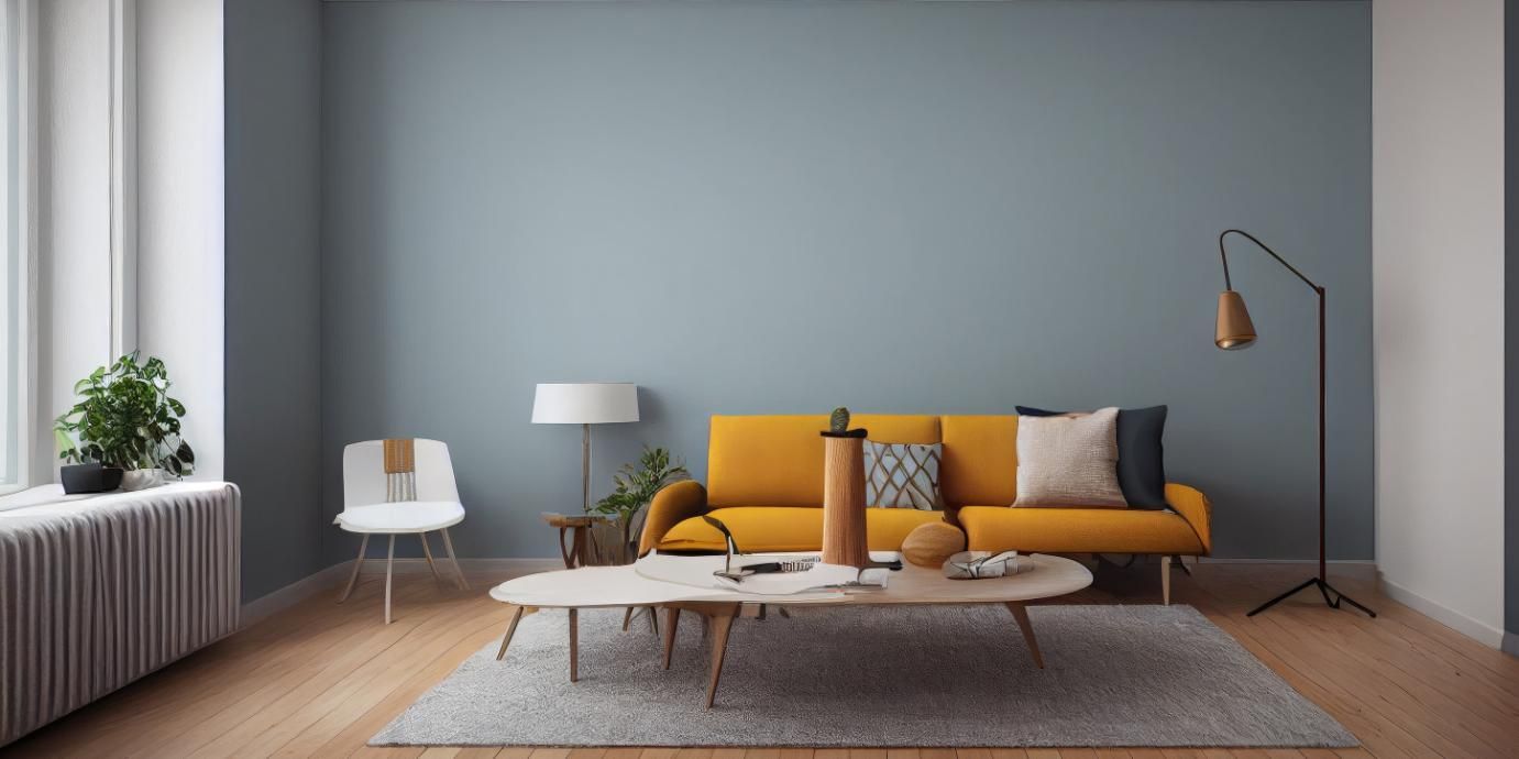 Sala de estar moderna con sofá color mostaza, pared gris, mesa de centro, alfombra, lámpara de pie y ventana grande.