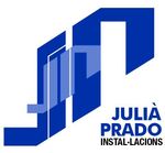 Blue and white geometric logo for Julià Prado Instal·lacions, with text.