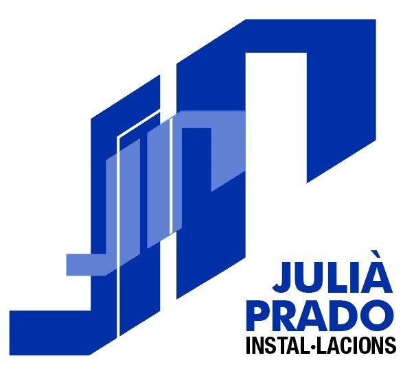 Blue and white geometric logo for Juli&agrave; Prado Instal&middot;lacions, with text.