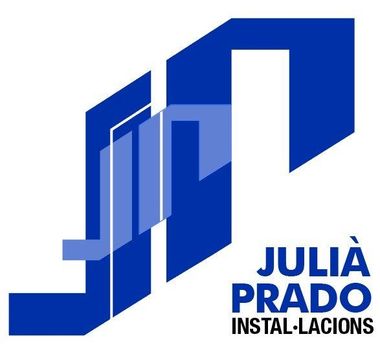 Blue and white geometric logo for Julià Prado Instal·lacions, with text.
