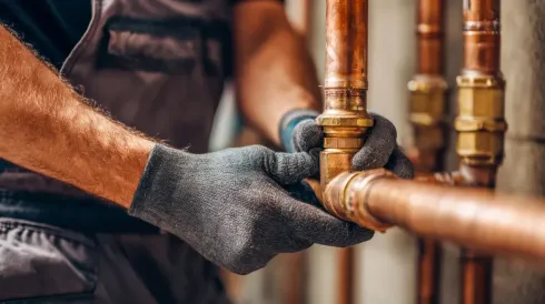 Fontanero con guantes conectando tuberías de cobre con accesorios de latón en un edificio.