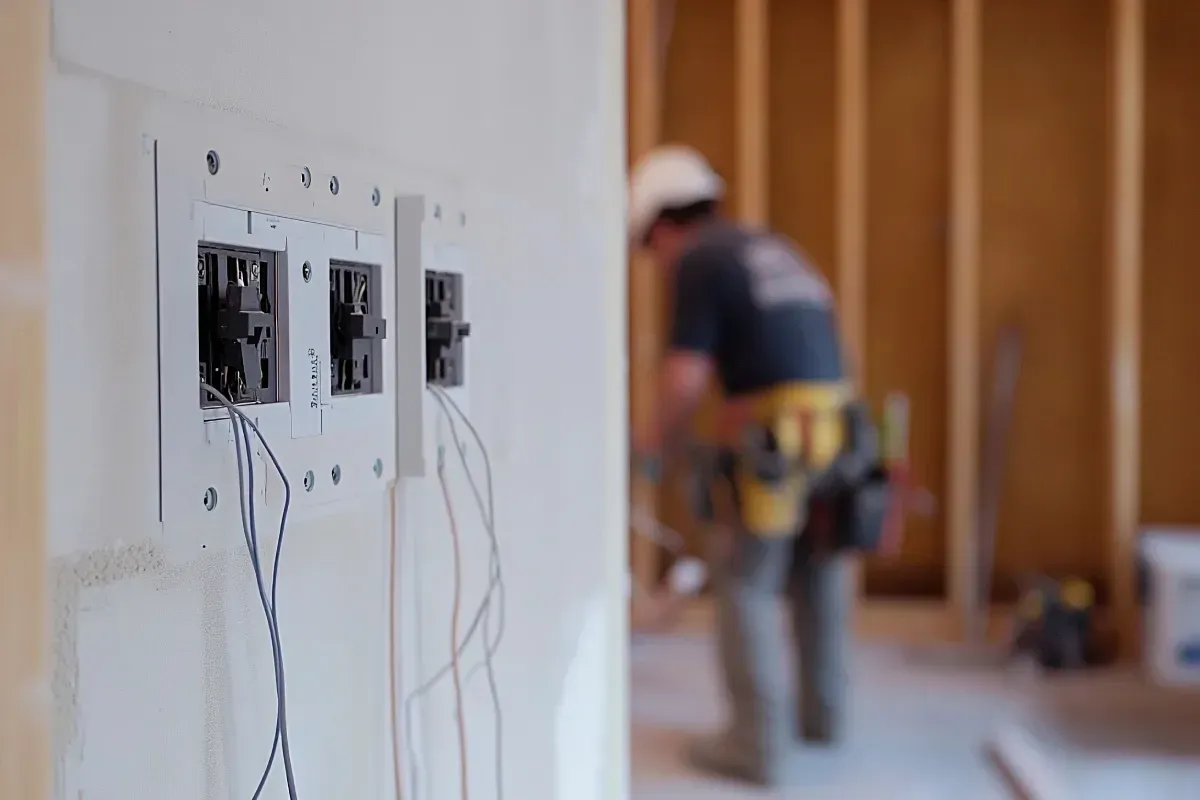 Tomas de corriente eléctricas en una pared, con un electricista con casco trabajando al fondo.