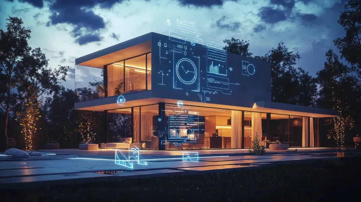 Casa moderna al anochecer con superposición de interfaz de casa inteligente.