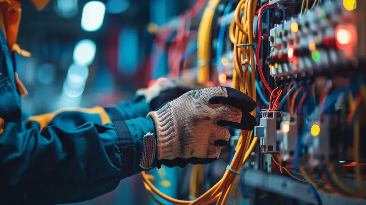 Electricista trabajando en un panel de control, con guantes. Cables de colores en un entorno con poca luz.