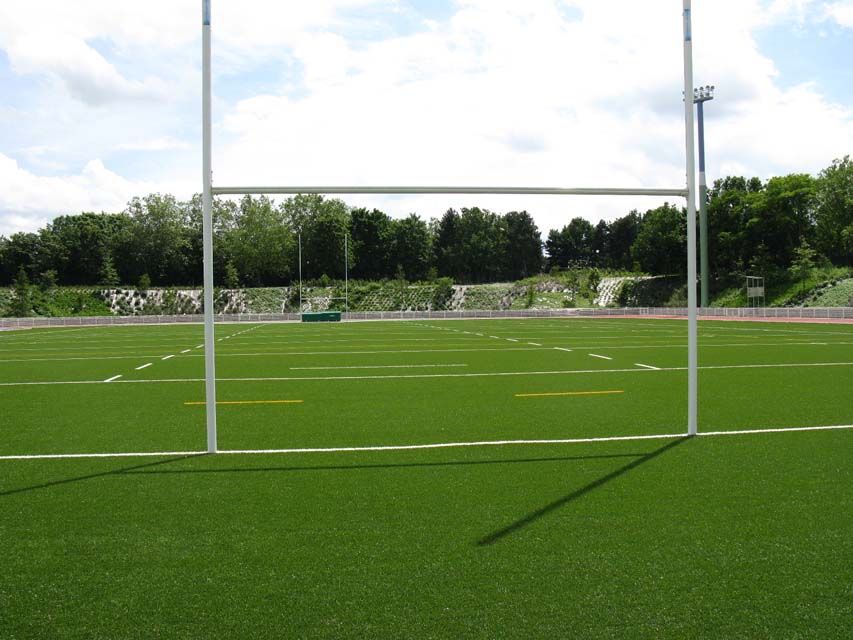 Terrain de rugby avec poteaux de but blancs sur gazon synthétique vert. Arbres en arrière-plan.