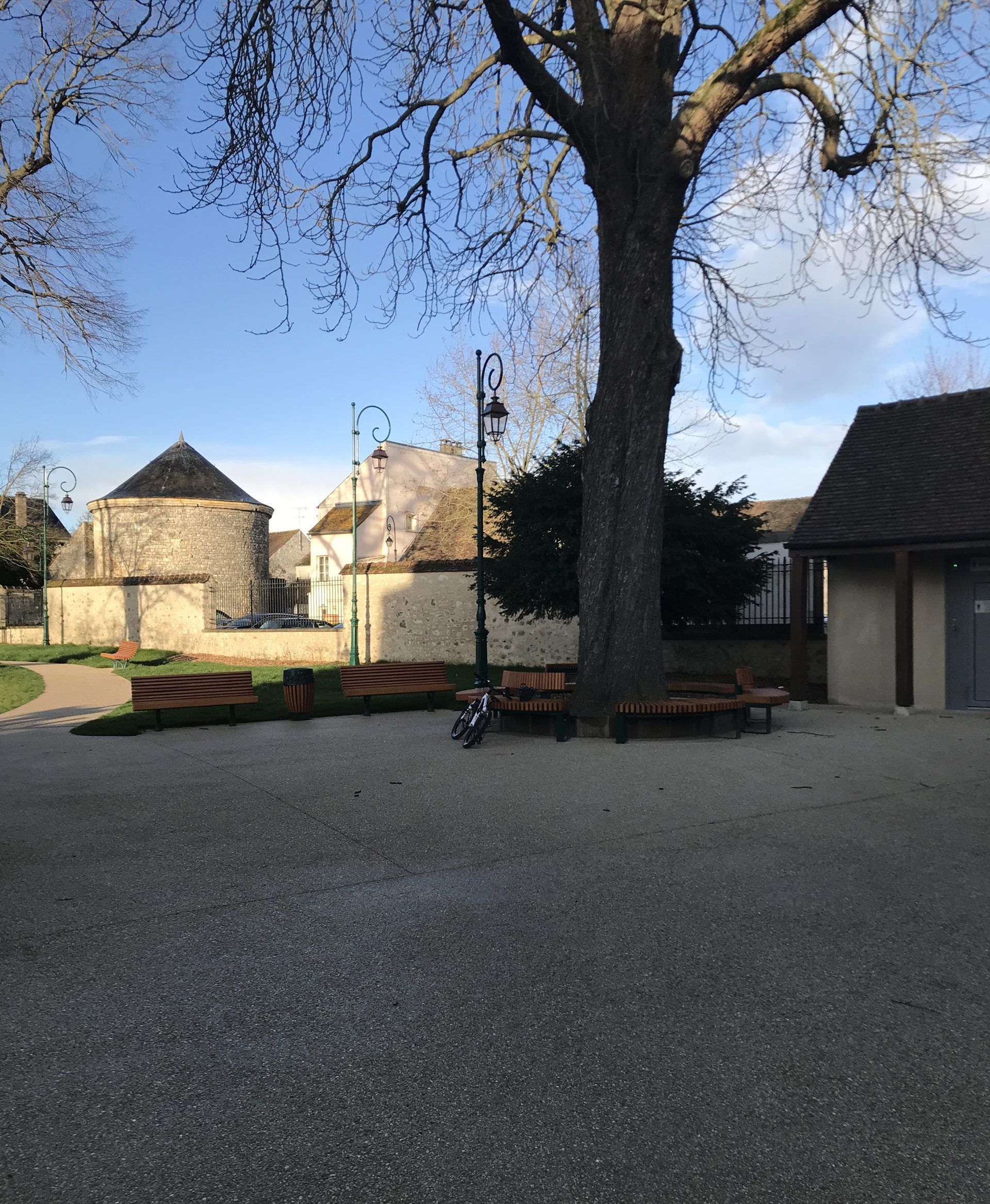 Un parc avec un grand arbre, des bâtiments en pierre, des bancs et un sol en gravier sous un ciel bleu.