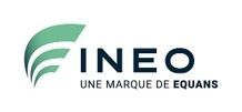 Logo pour INEO, une marque d'Equans, avec un design abstrait vert et un texte bleu foncé.