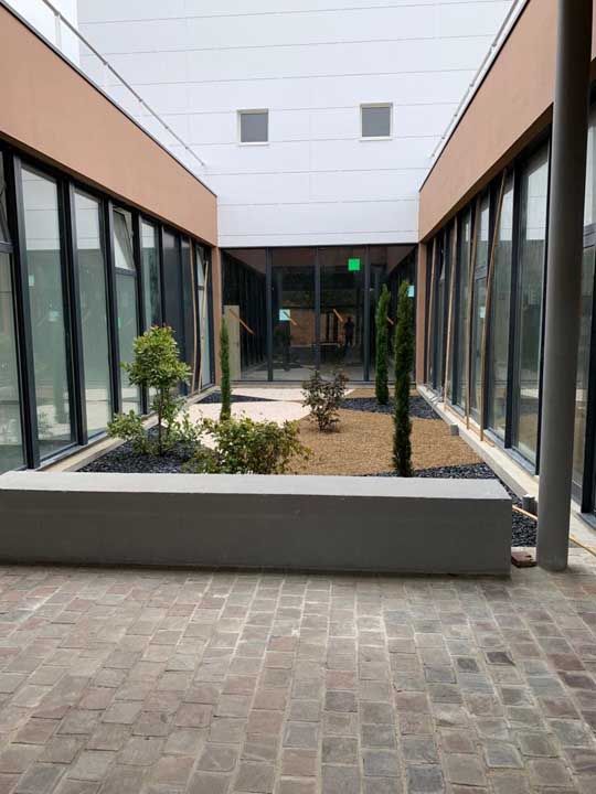 Cour intérieure avec sol en pierre, jardinière surélevée avec petits arbres et fenêtres le long des murs.