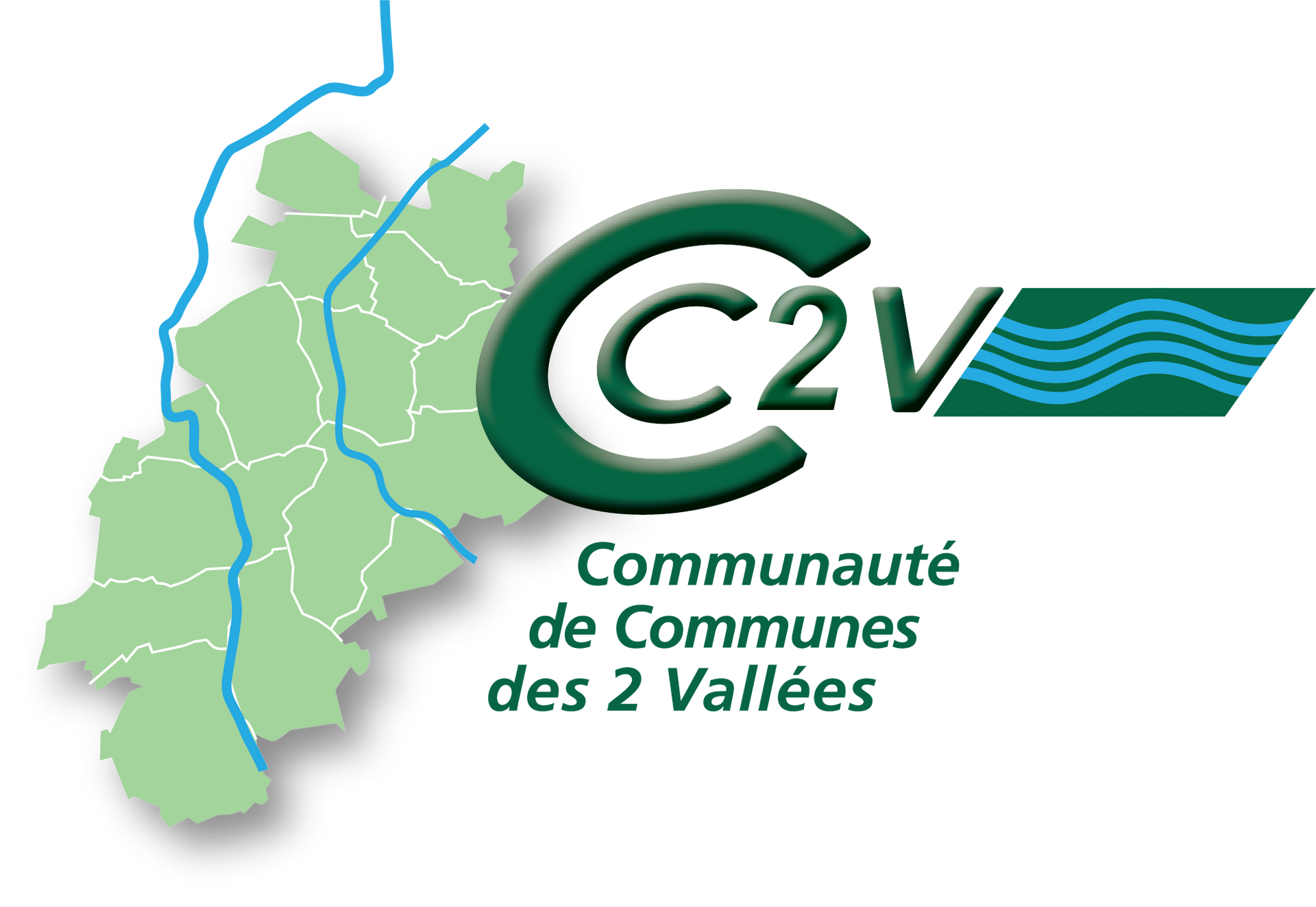 Logo of C2V, a French community, with a green map and the text "Communauté de Communes des 2 Vallées."