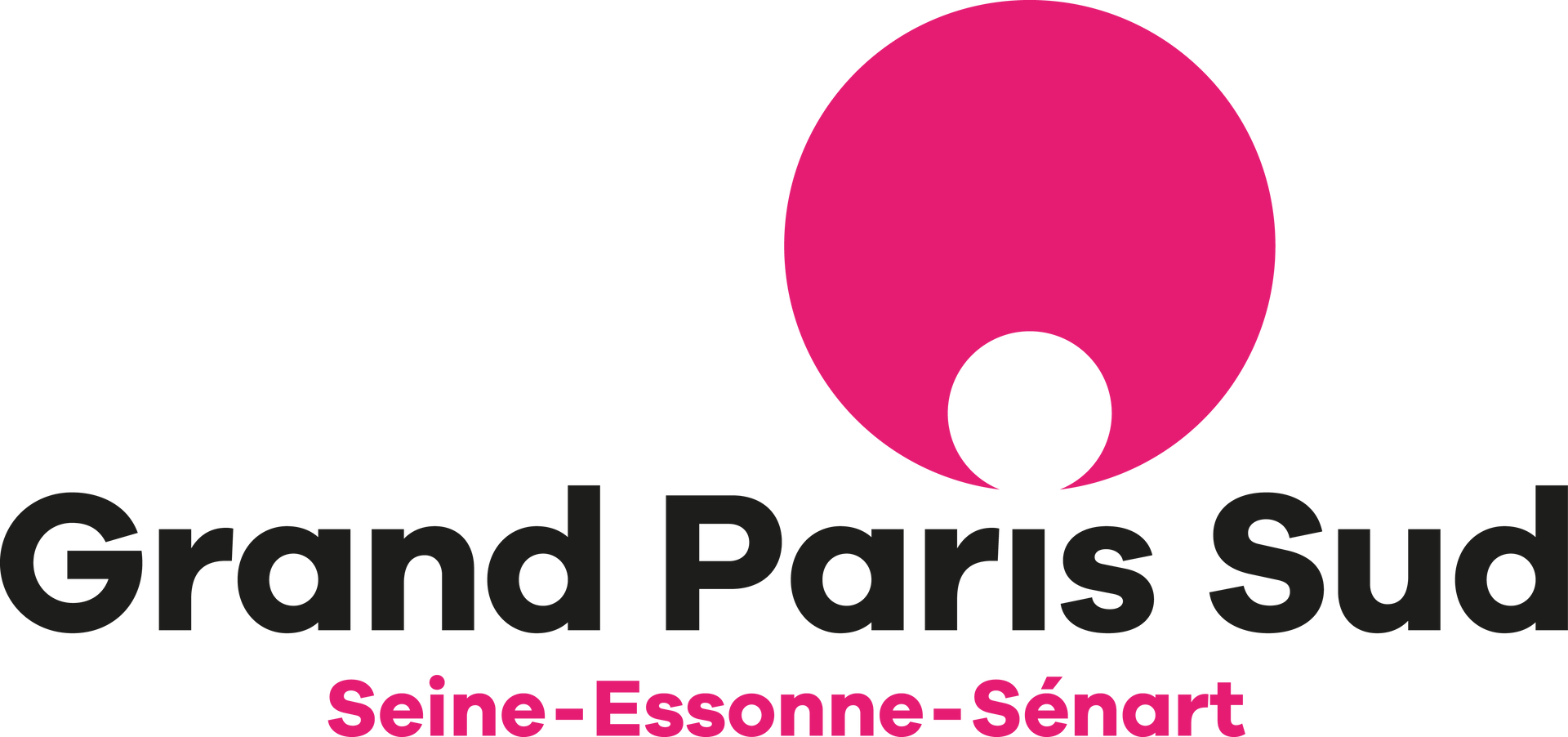 Logo du Grand Paris Sud en texte noir avec un cercle rose et un petit cercle blanc, et sous-texte rose.