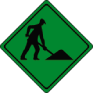 Panneau de travaux routiers : Losange vert avec un ouvrier pelletant de la terre.