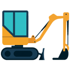 Pelle mécanique jaune et bleue avec chenilles noires et godet relevé.