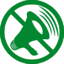 Cercle vert avec mégaphone barré ; symbole d’interdiction de bruit excessif.