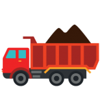 Camion-benne rouge chargé de terre brune.