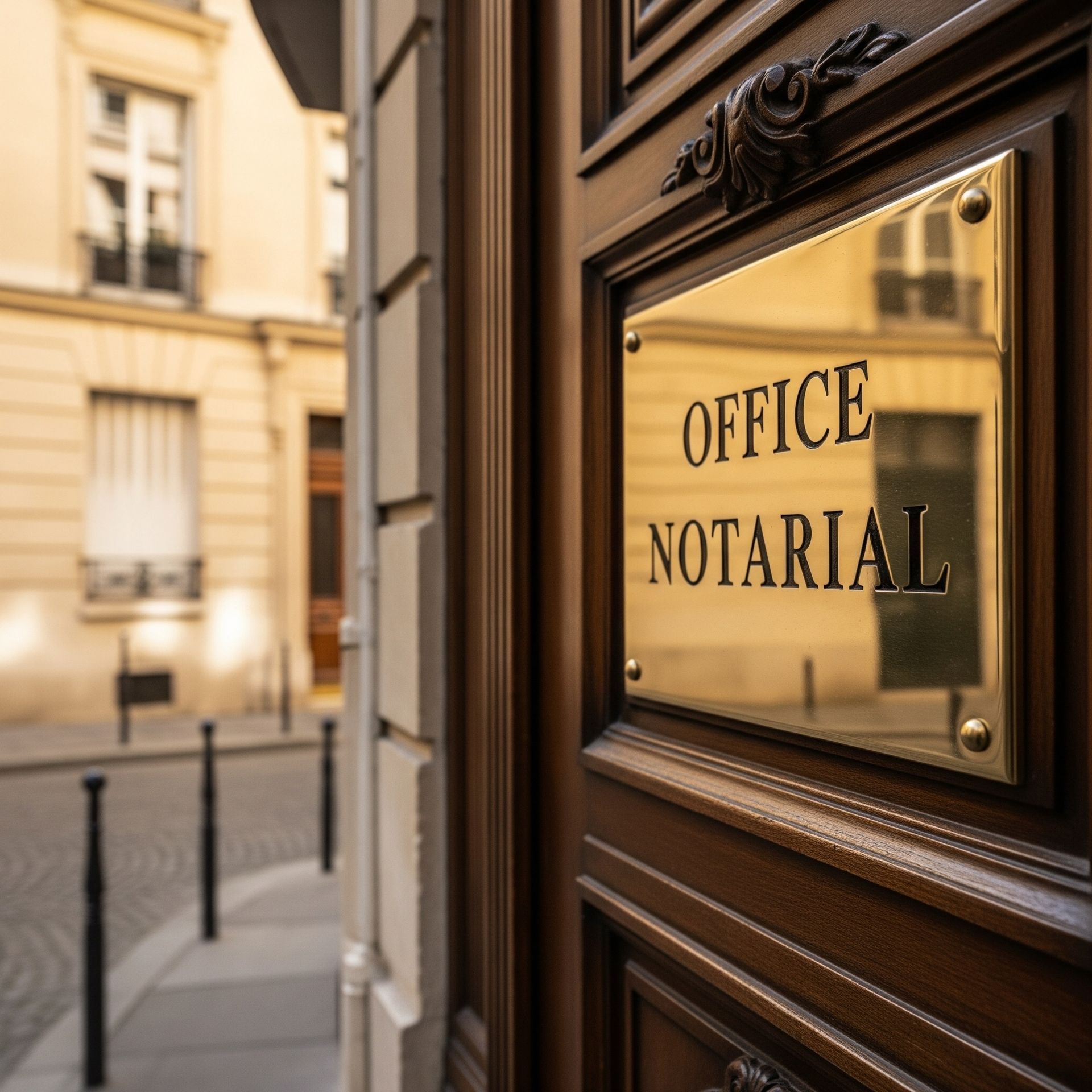 Une plaque dorée est fixée sur une porte en bois sombre, dans un décor urbain de style européen.