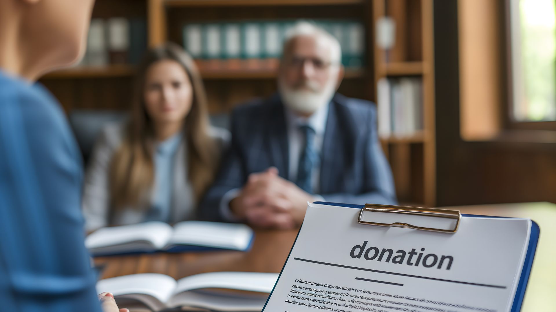 Dans une pièce où deux personnes sont assises à une table, avec des étagères en arrière-plan, une personne tient un bloc-notes sur lequel est inscrit le mot « don ».