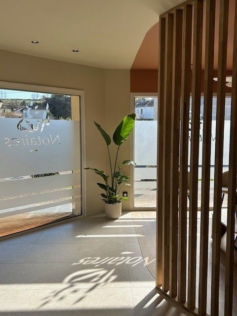 Hall d'entrée lumineux avec porte en verre dépoli, plante en pot et cloison en lattes de bois projetant des ombres.