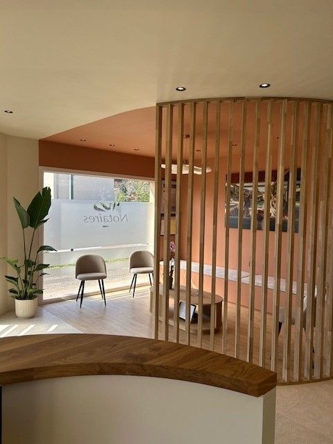 Espace d'attente moderne avec cloison en lattes de bois, comptoir incurvé, plante et chaises près d'une fenêtre lumineuse