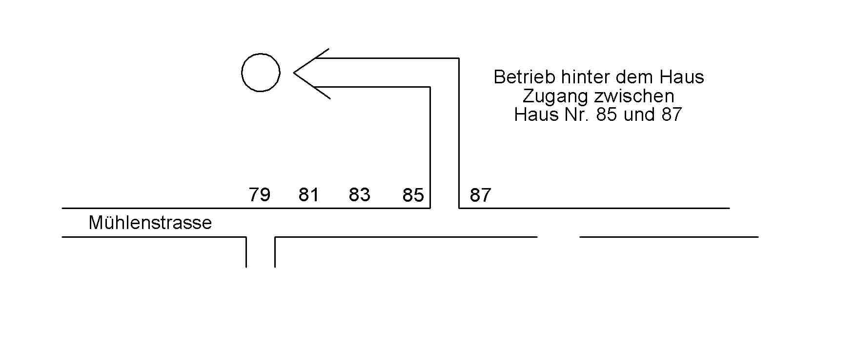 Karte mit den Gebäuden der Wördenstraße und den Hausnummern. Der Pfeil zeigt auf die Einfahrt zwischen den Hausnummern 85 und 87.
