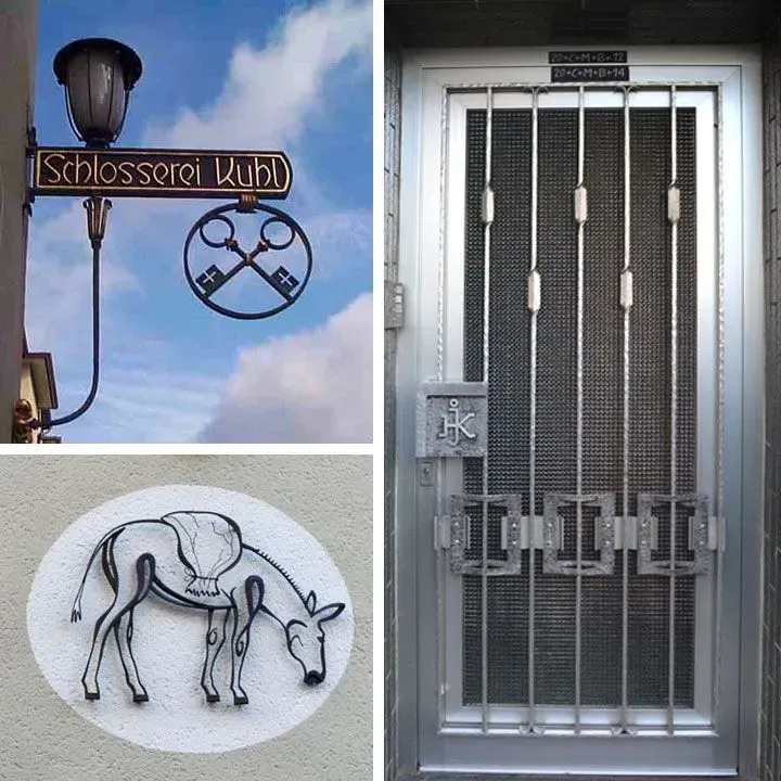 Im Uhrzeigersinn von oben links: Schild der Schlosserei Kuhl, Schlüsselsymbol. Metallische Sicherheitstür. Wandrelief Esel.