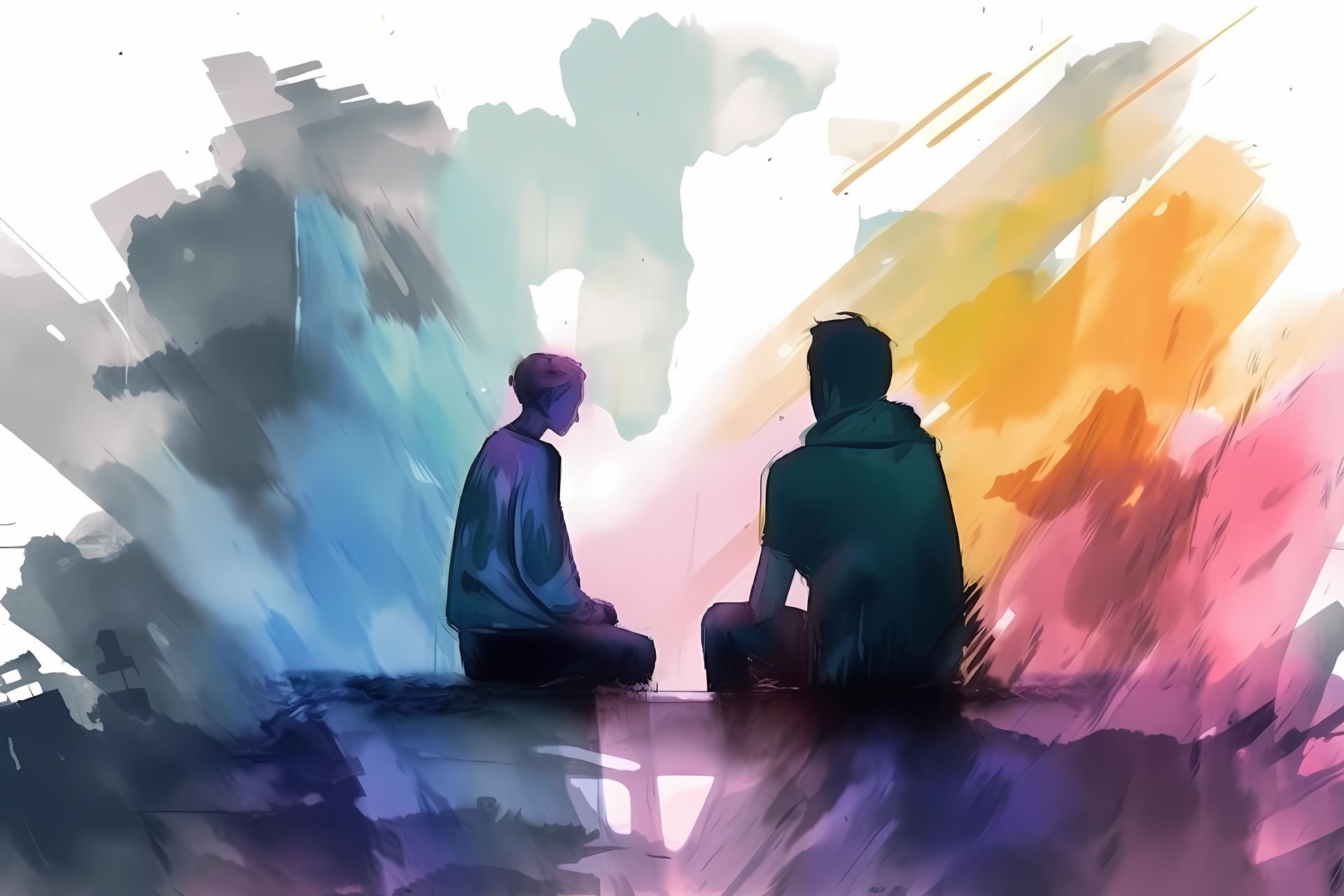 Deux personnes assises sur fond coloré