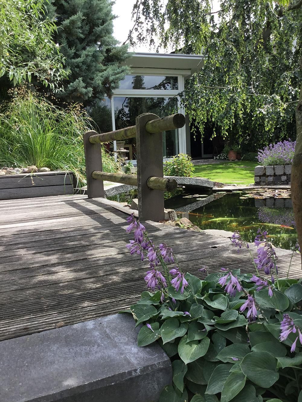 Eine Brücke über einen Teich in einem Garten mit lila Blumen