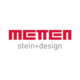 Ein rot-weißes Logo für Meten Stein + Design auf weißem Hintergrund.