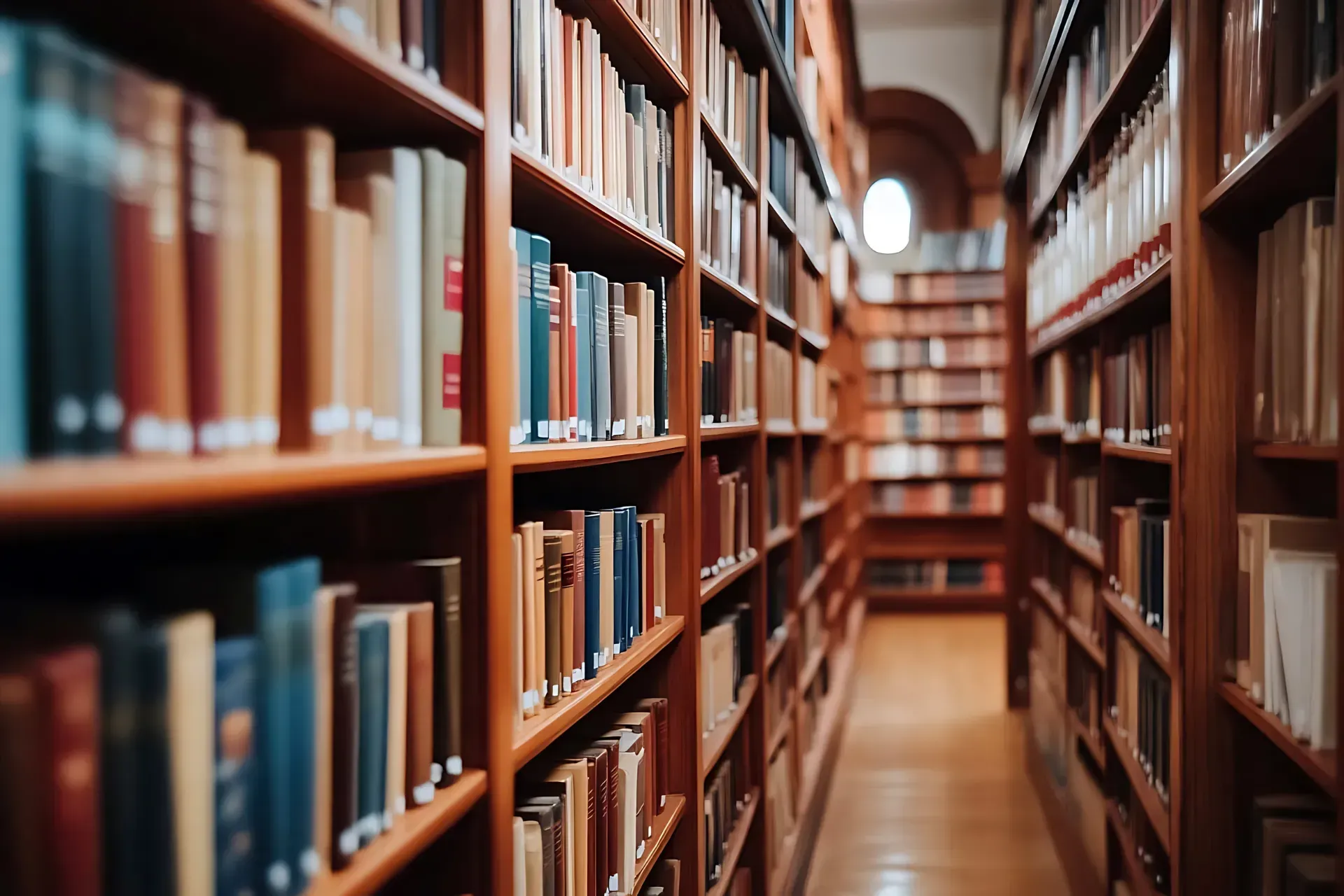 Una biblioteca llena de muchos libros en estantes de madera.