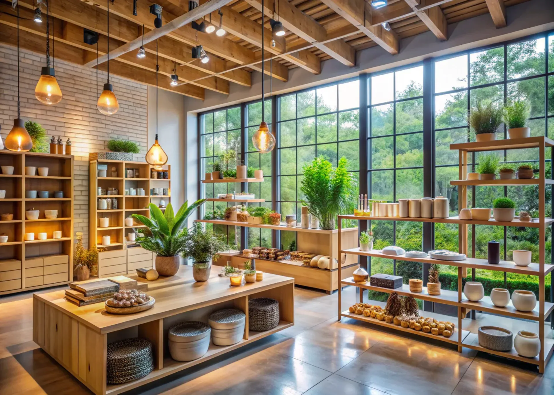 Una tienda llena de estantes, mesas y plantas en macetas.