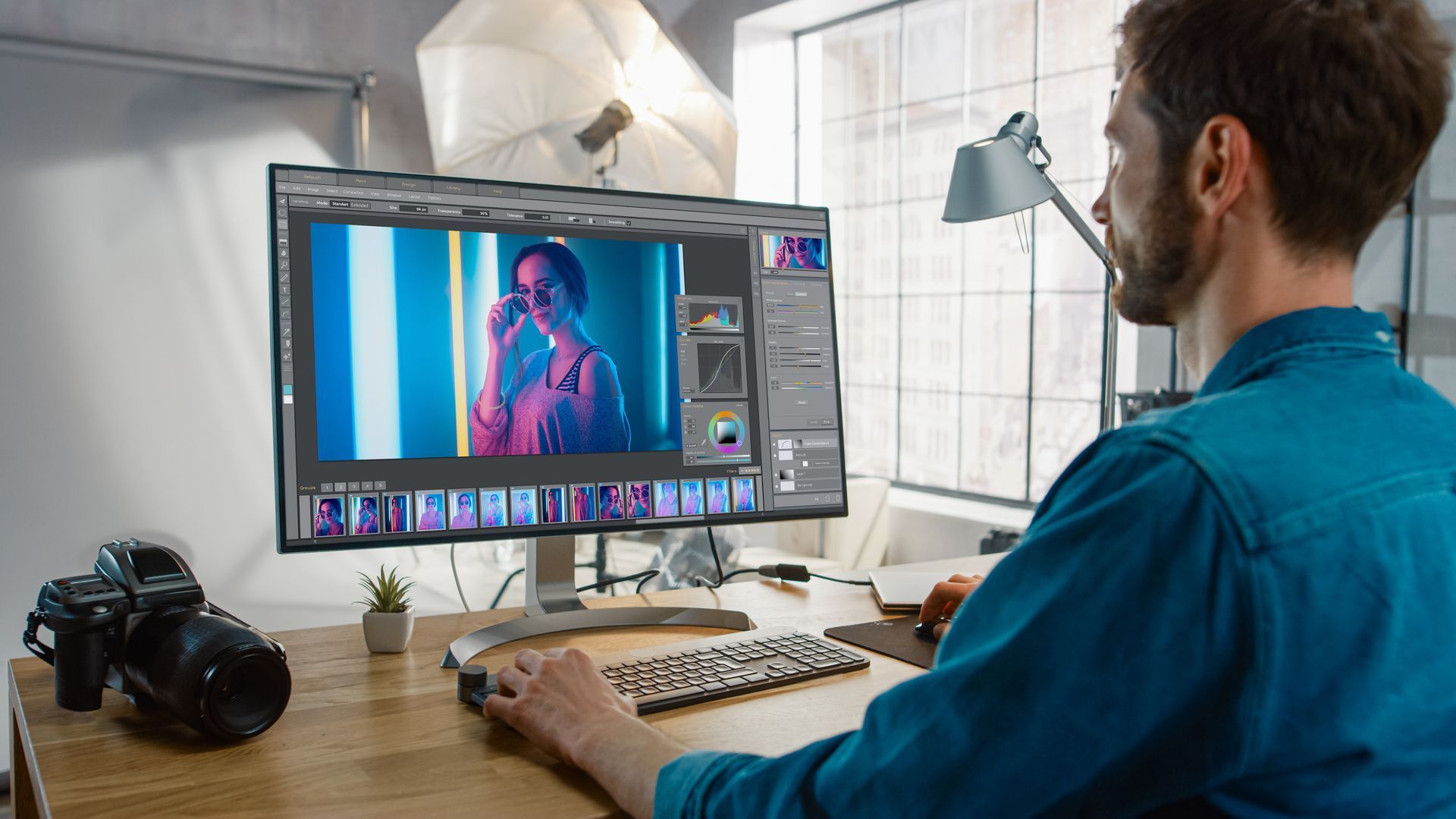 Un homme retouche une photo sur un logiciel