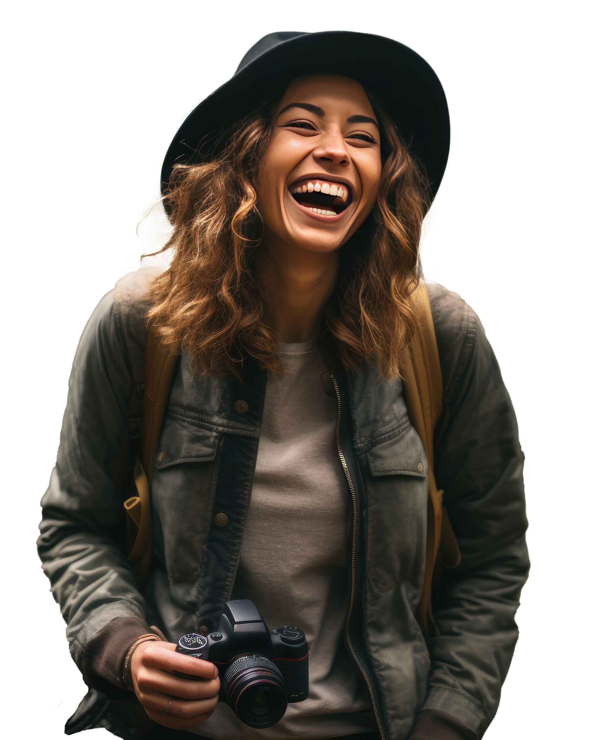 Une femme rit avec un appareil photo à la main