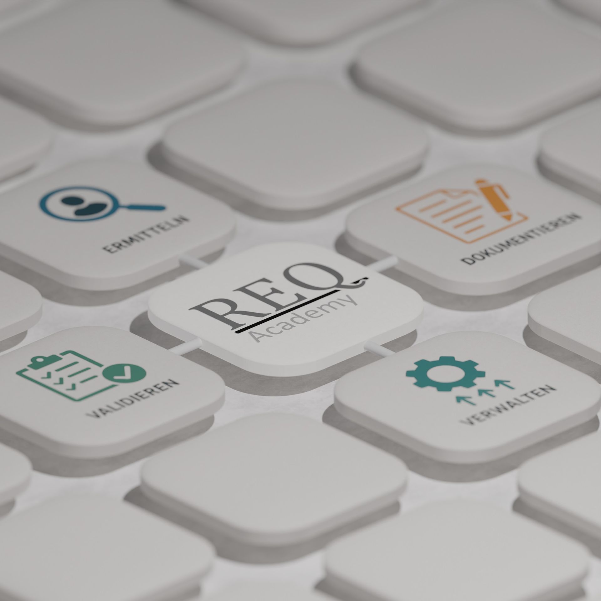 Eine Tastatur mit einer Taste, auf der „Req Academy“ steht