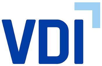 Das VDI-Logo ist blau-weiß mit einem blauen Pfeil.