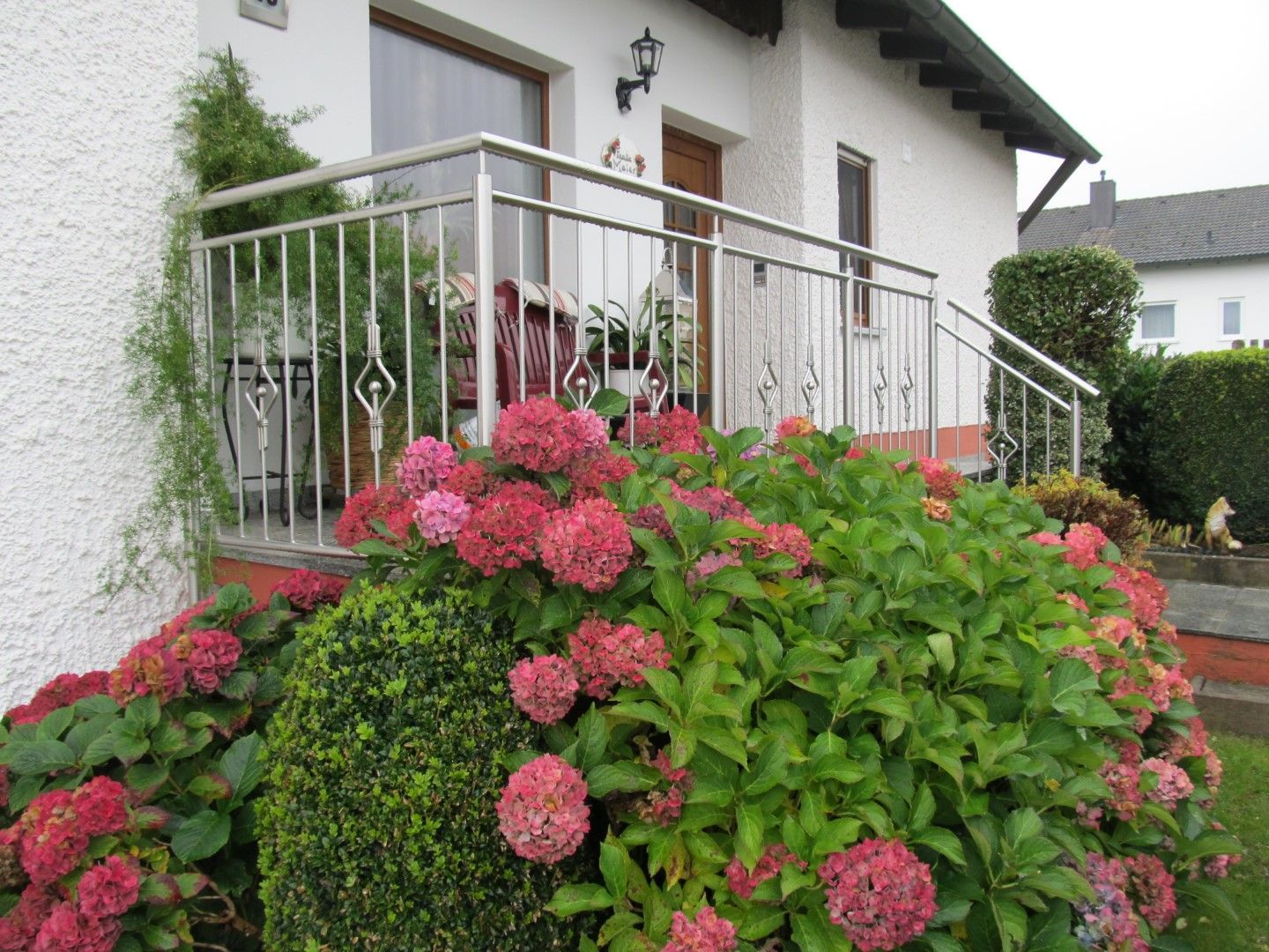 Rote und rosa Hortensien blühen vor einem Haus mit einem Edelstahlgeländer.