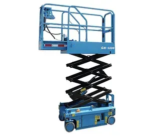 Auf einer weißen Fläche steht eine blaue Scherenhebebühne.