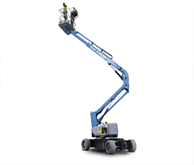 Eine blaue Seilbahn mit einer Person darin auf weißem Hintergrund.