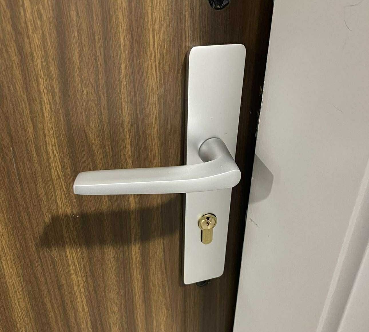 Une poignée de porte grise sur une porte en bois