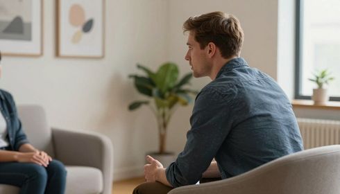 Dos personas conversando en una luminosa sala de estar, sentadas en sillas de color beige con cuadros enmarcados y una planta cerca.