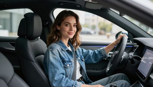 Mujer conduciendo un coche, sonriendo, con una chaqueta vaquera en el interior de un vehículo moderno.