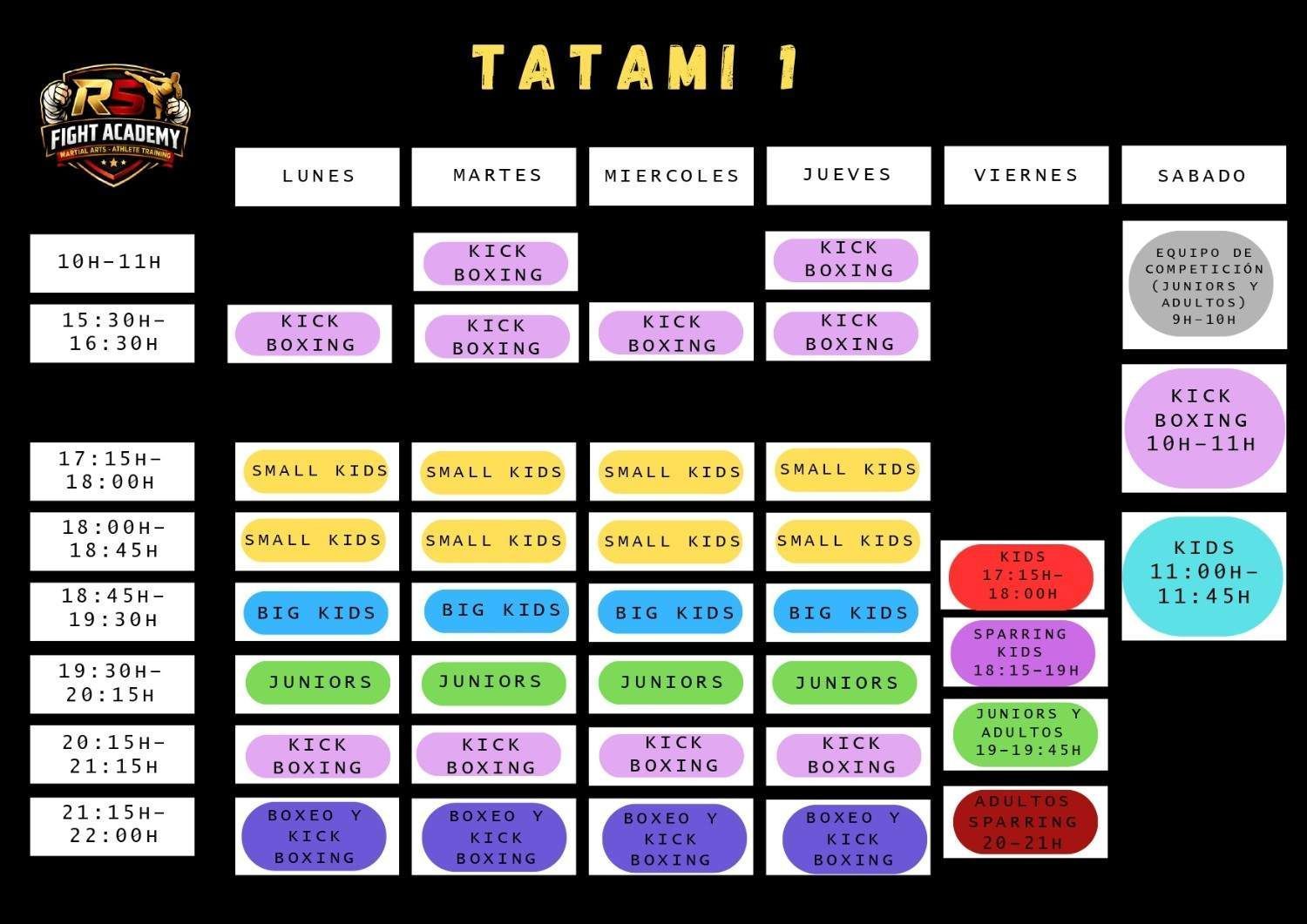 Calendario del torneo Tatami 1 con horarios y combates codificados por colores sobre un fondo negro.