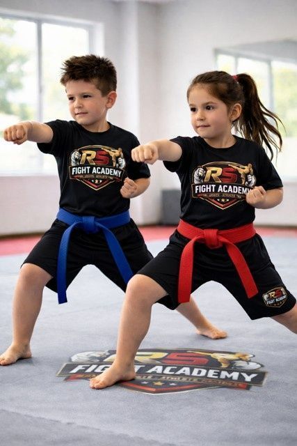 Dos niños con uniformes negros de artes marciales practican puñetazos en un estudio; uno lleva un cinturón azul