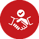 Weißes Handschlag-Symbol mit einem Häkchen auf einem roten Kreis.